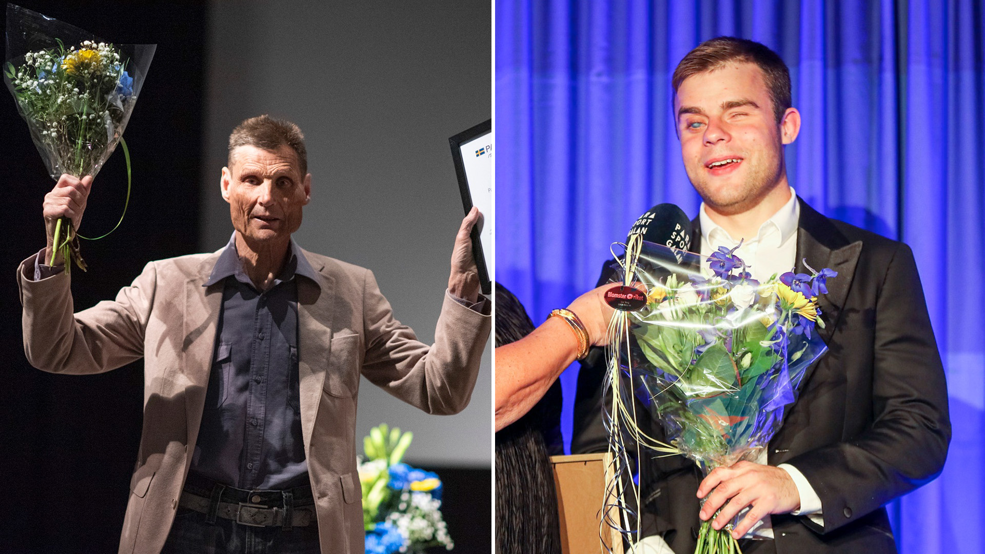 Bilden är ett montage av två bilder. Den första bilden visar Nils Peter Kling som sträcker upp blommor och diplom i luften efter att ha valts in i Parasportens Hall of fame. Den andra bilden visar en glad Zebastian Modin, med blommor och diplom i händerna, när han blir intervjuad på Parasportgalan efter att ha mottagit utmärkelsen.