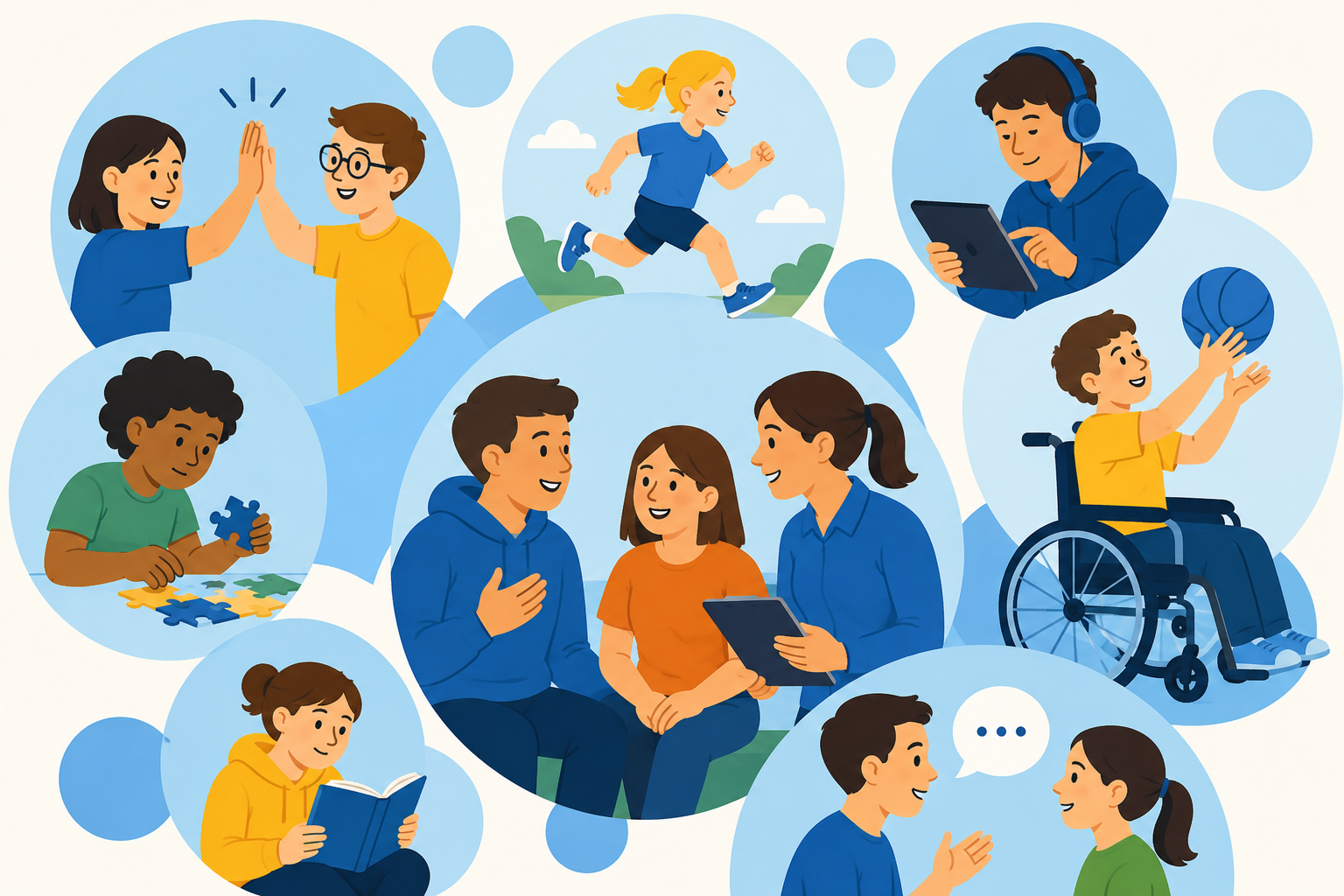 AI-illustration i tecknad stil med personer som deltar i olika aktiviteter, bland annat löpning, pussel, läsning, samtal och basket. Bilden visar personer med olika förutsättningar, däribland en person i rullstol, samt stöd och gemenskap mellan deltagare och ledare.