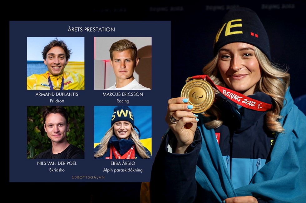 Ebba Årsjö poserar med en av sina paralympiska guldmedaljer.