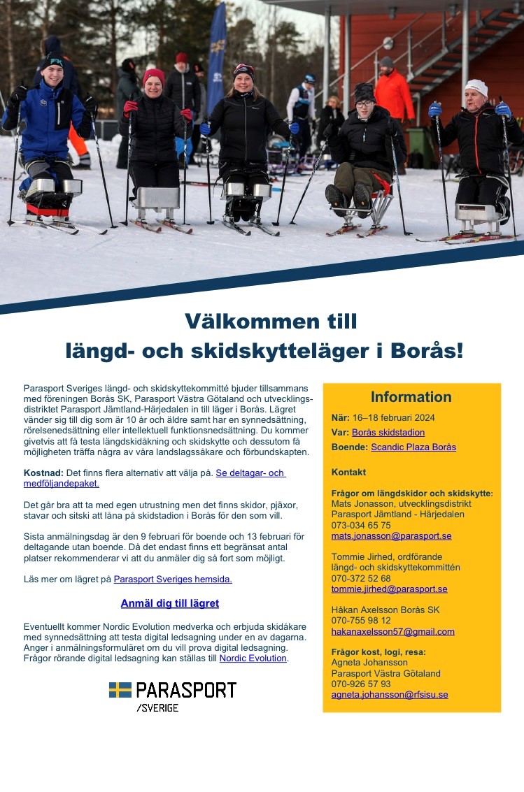 Inbjudan till prova-på-läger i paralängdskidor och paraskidskytte 16-18 februari 2024 i Borås