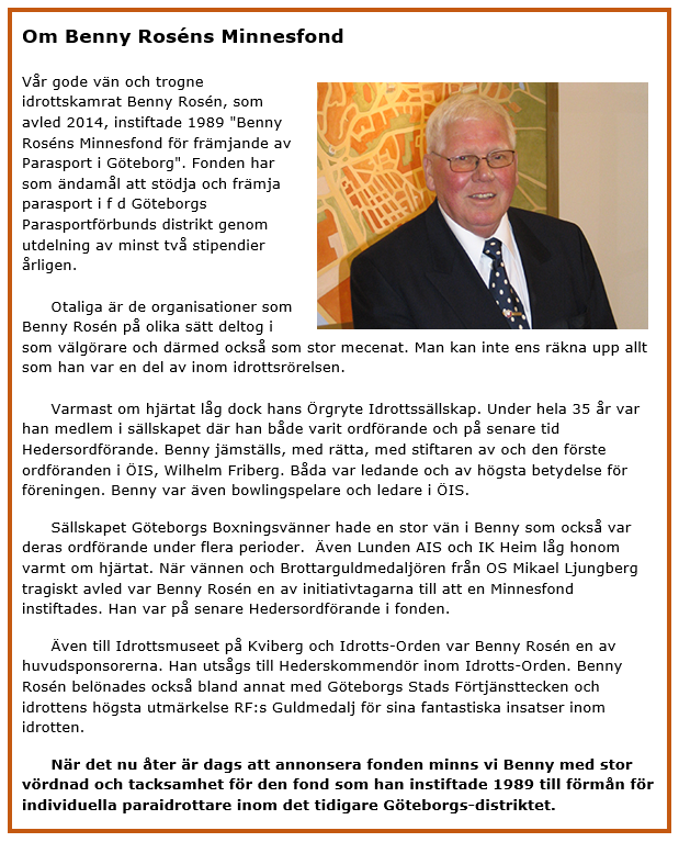 Text och bild OM Benny Roséns Minnesfond