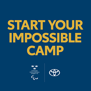 Logotyp, text: Start Your Impossible Camp i gul på blå bakgrund.