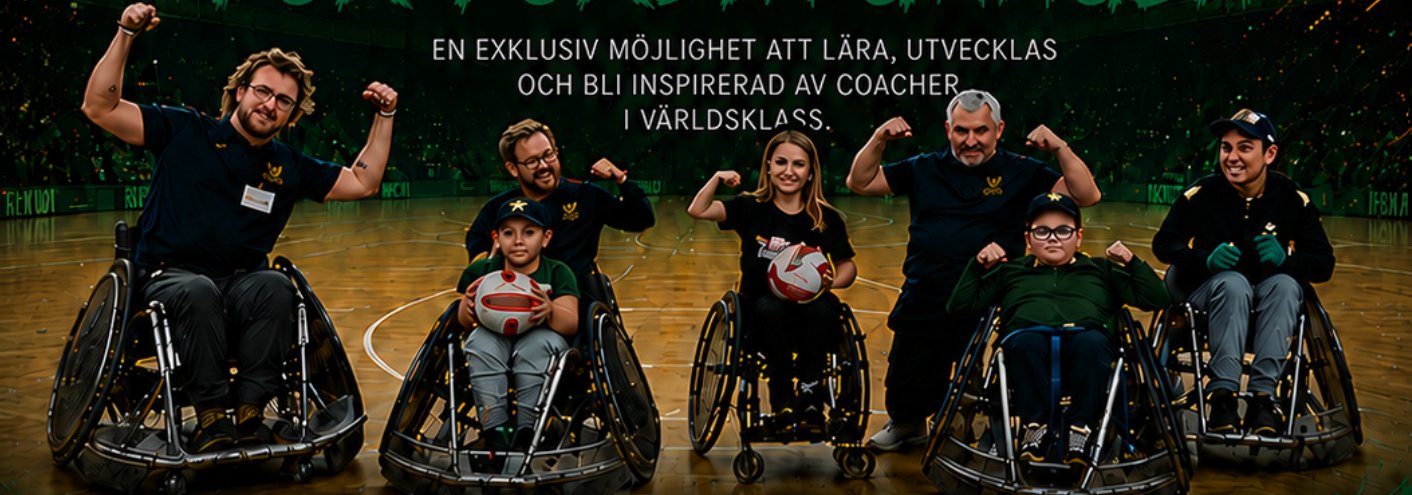 AI-gererad bild. Flera personer i rullstolsrugbystolar ler och gör segergester.