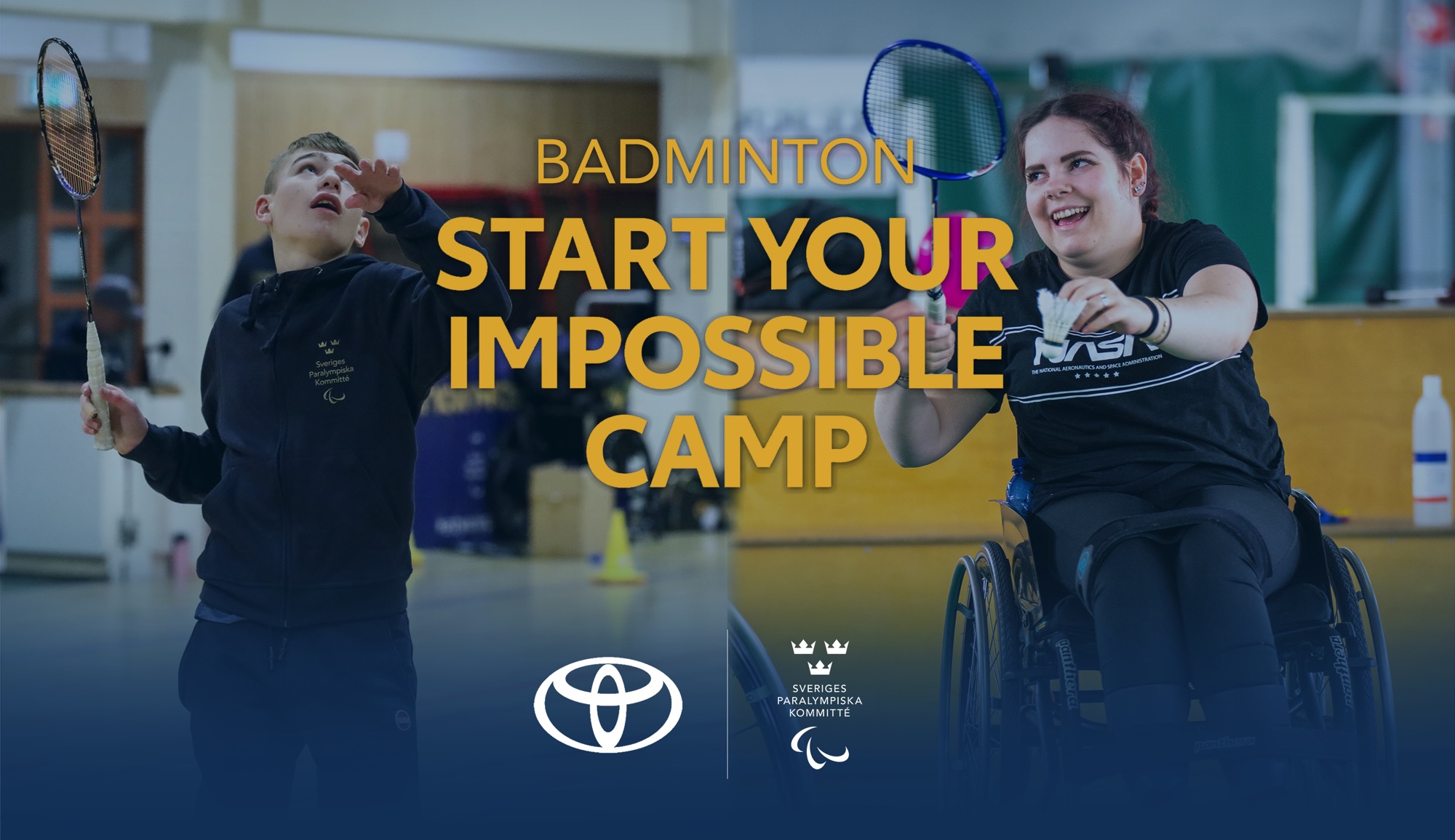Montage, två bilder bakom blått filter. En kille spelar badminton, han är mitt i ett slag. En tjej i rullstol spelar badminton, hon ler. 