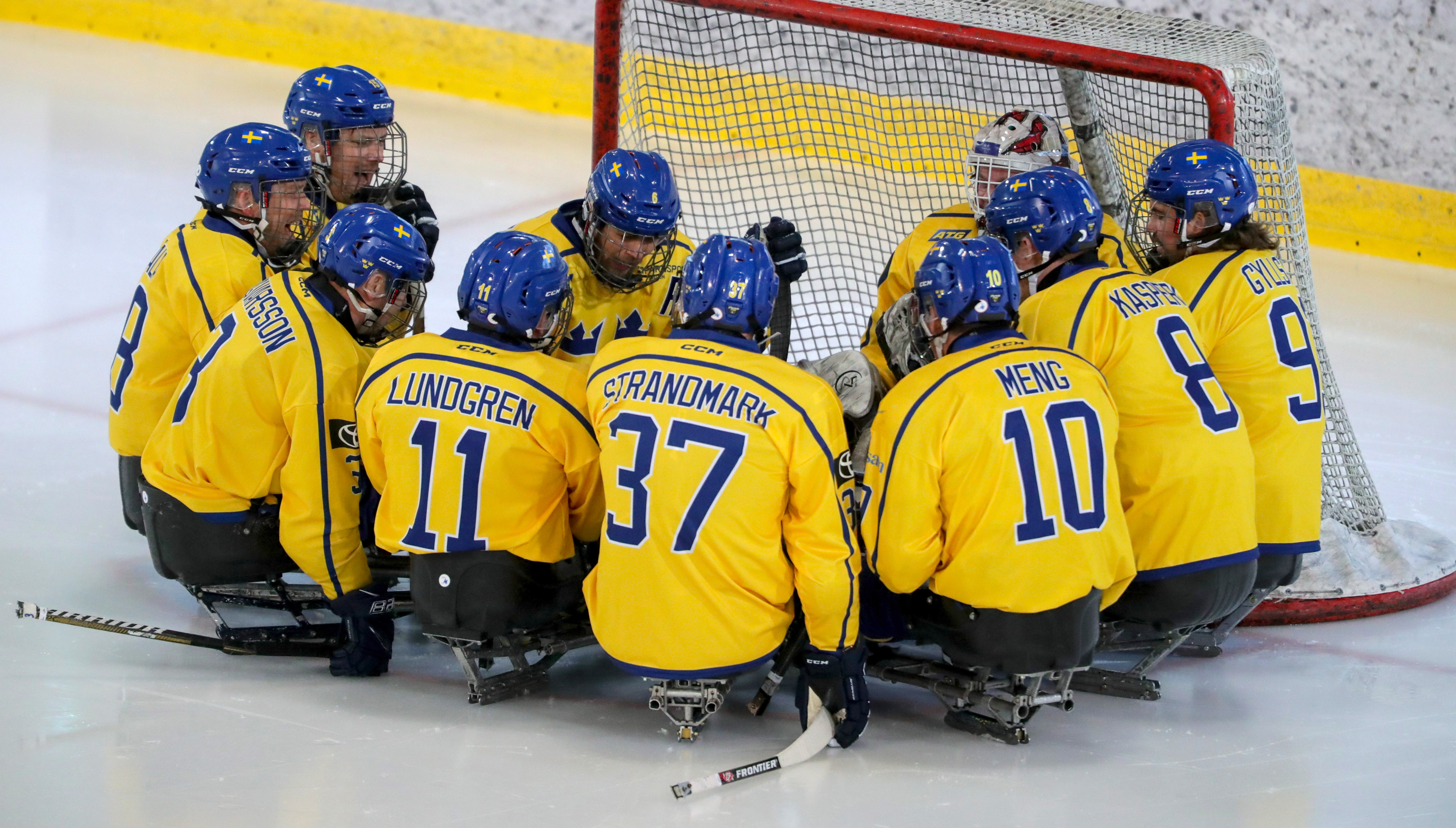 Svenska paraishockeylandslaget samlade in en ring på isen framför sitt mål.