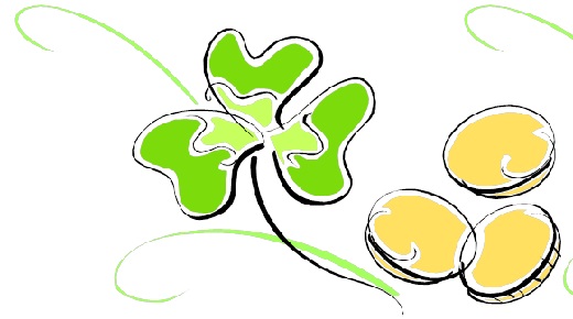 Bild med grön klöver och gula mynt som symbol för stipendier och fonder.
