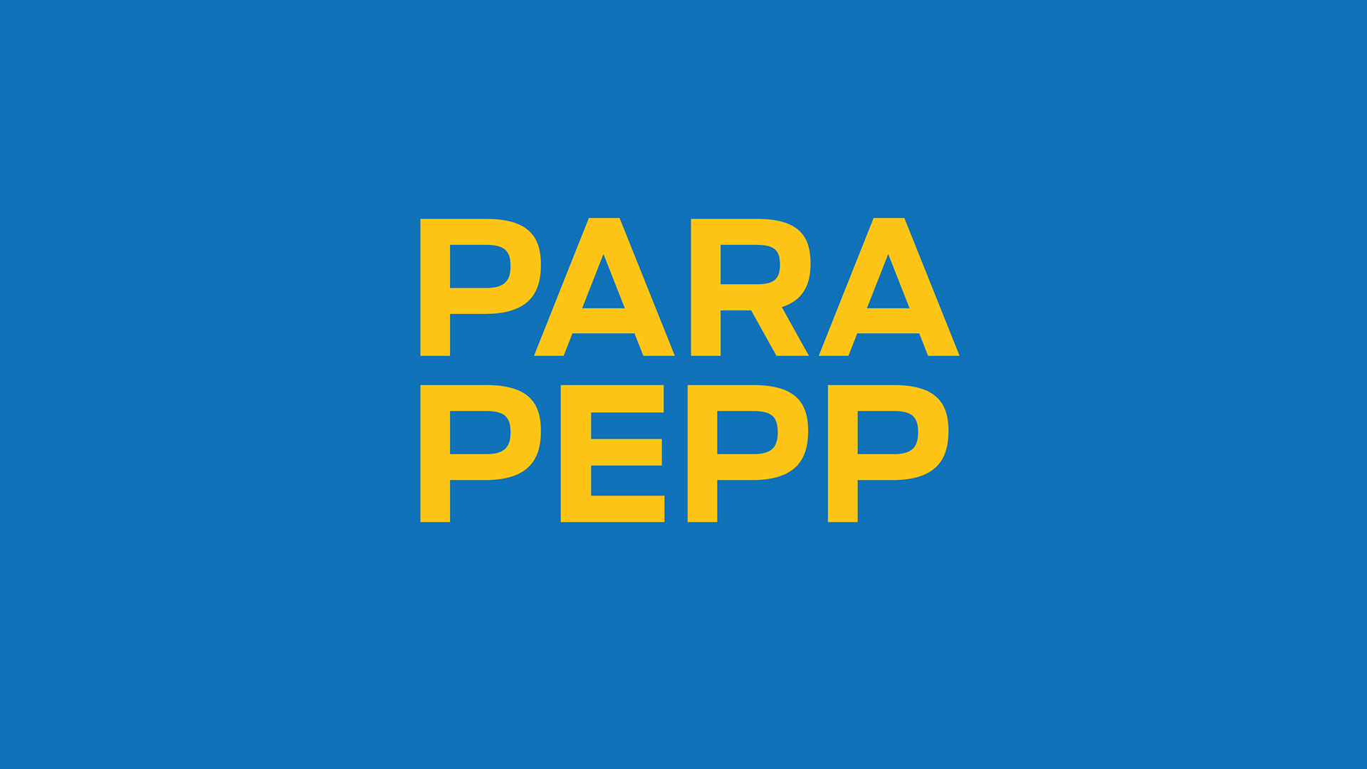 ParaPepp logotyp med gul text på blå bakgrundsfärg.