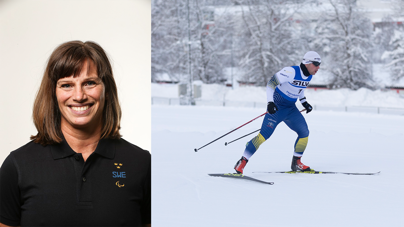 Porträttbild på Helene Ripa och en bild på Zebastian Modin som åker skidor på stadion.