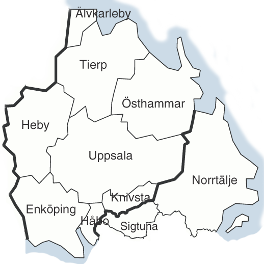 Karta över samtliga kommuner i Uppsala län — Uppsala, Enköping, Heby, Håby, Knivsta, Älvkarleby, Tierp och Östhammar — samt Norrtälje och Sigtuna kommuner i Stockholms län.